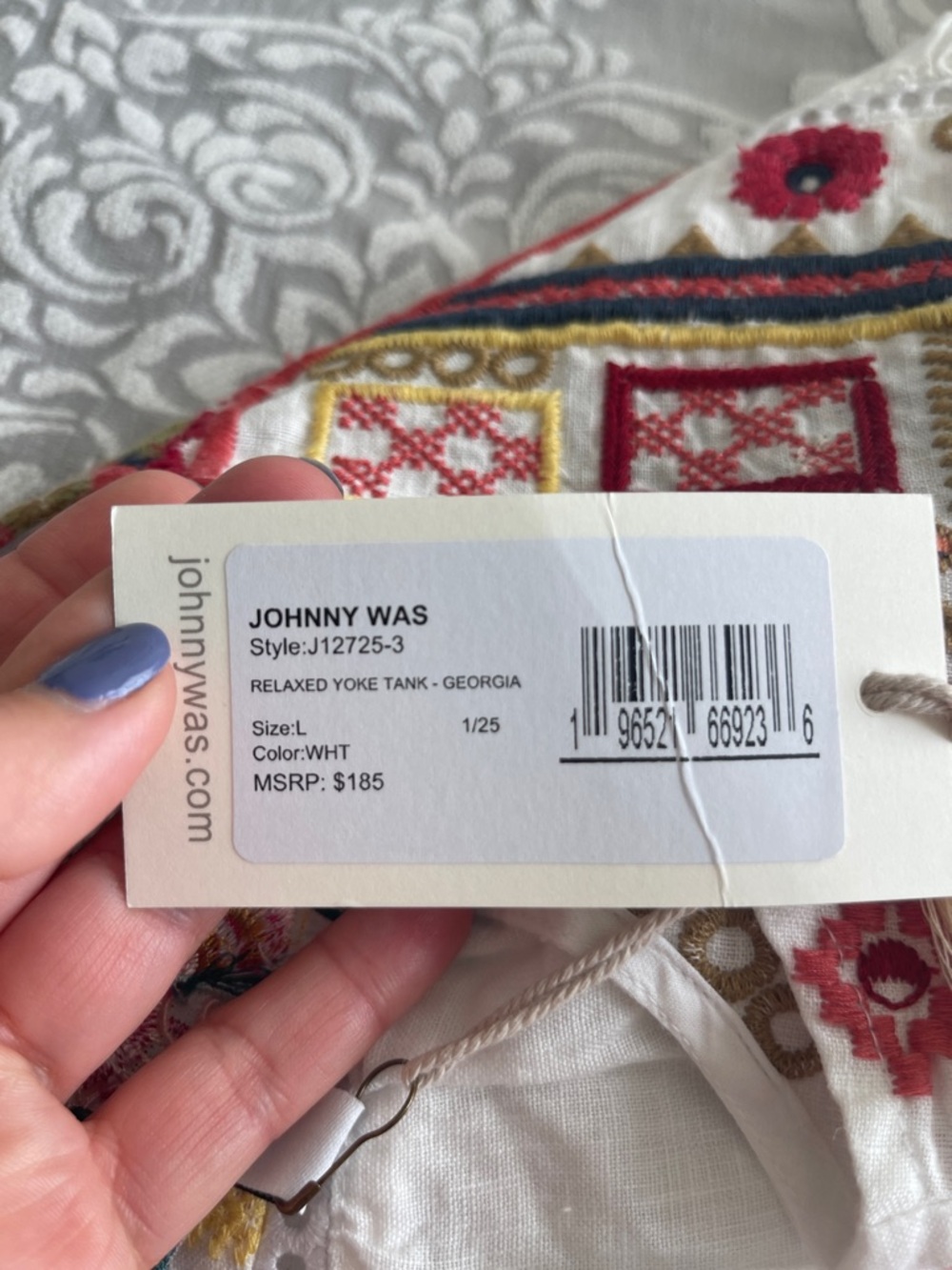 New - Johnny Was - Relaxed Yoke Tank Georgia White Embroidered Linen Top - Picture 9 of 9